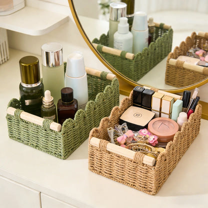 Handwoven Storage Basket with Fan Edge Design, Rattan Basket, Wicker Storage Basket, Natural Material for Toilet Tank Top Shelf, Bathroom Living Room Bedroom Decor Accessories, Handmade Rattan Baskets