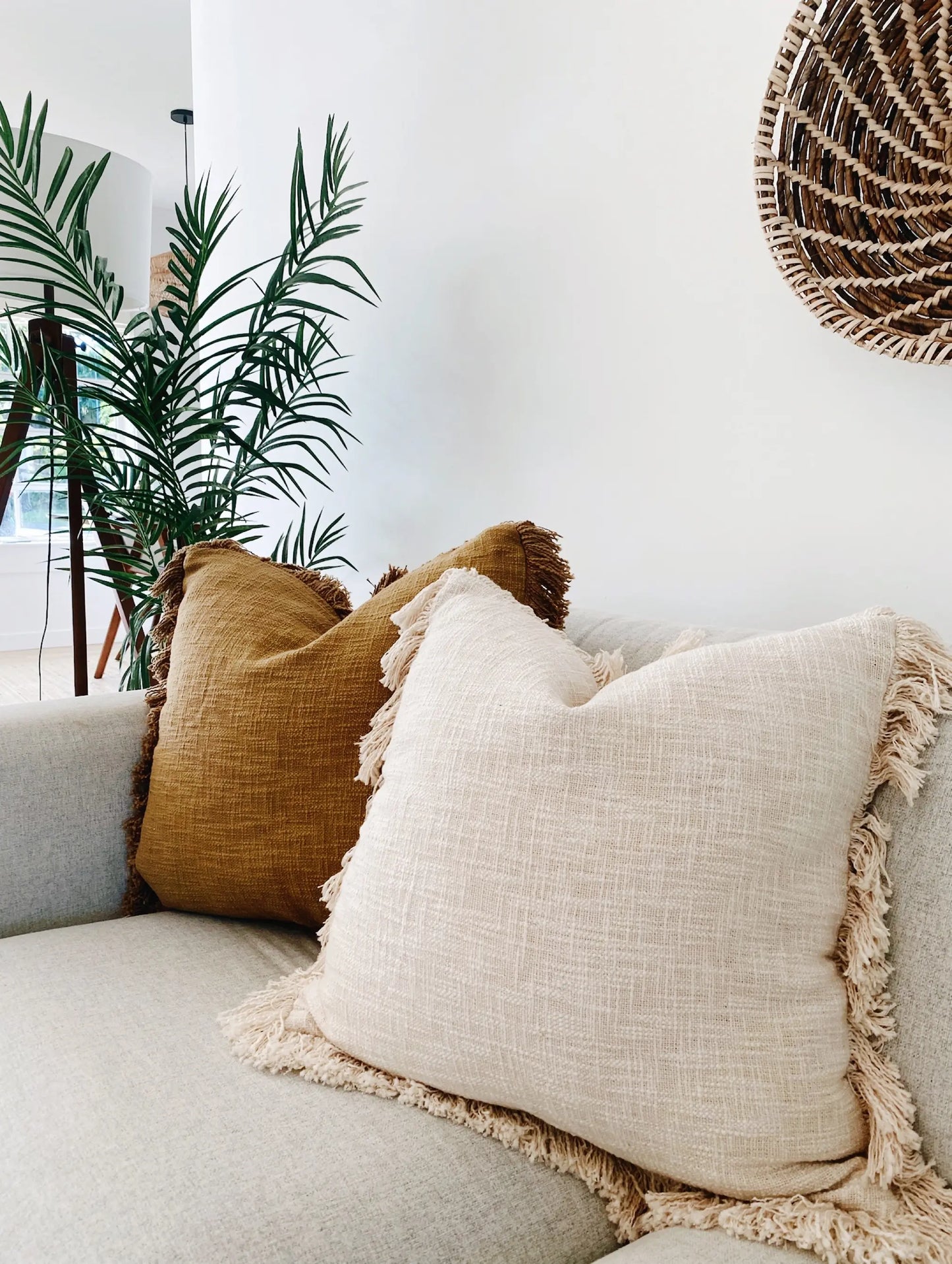 Large Neutral Farmhouse Pillow with Fringes, Oatmeal Soft Decorative Pillow 22"X22", Bohemian Pillow Cover, Euro Sham Ivory Pillow