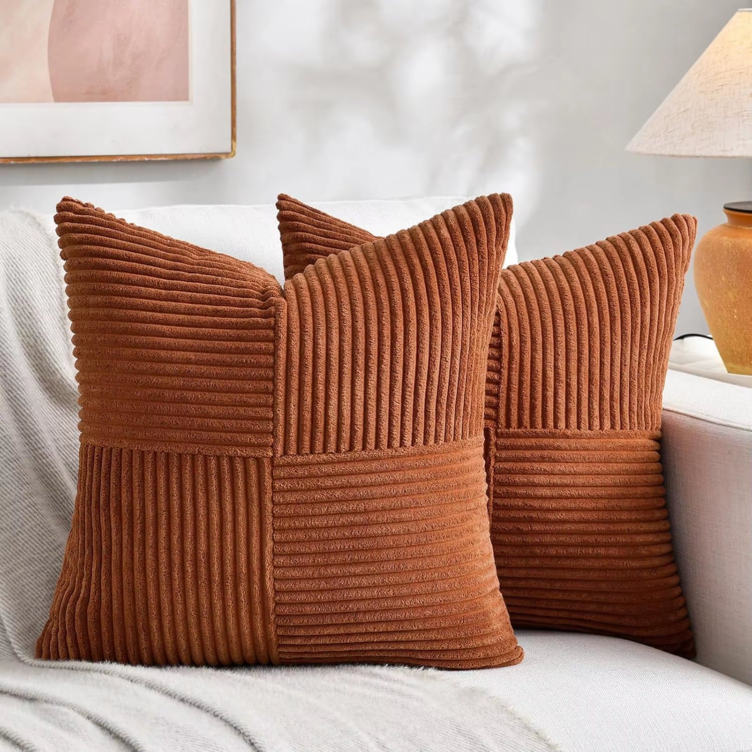 Brown Throw Pillow Covers 45X45Cm Boho Farmhouse Cushion Cases Neutral Gradient Corduroy Pillow Cases with Patchwork Home Decor