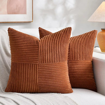 Brown Throw Pillow Covers 45X45Cm Boho Farmhouse Cushion Cases Neutral Gradient Corduroy Pillow Cases with Patchwork Home Decor
