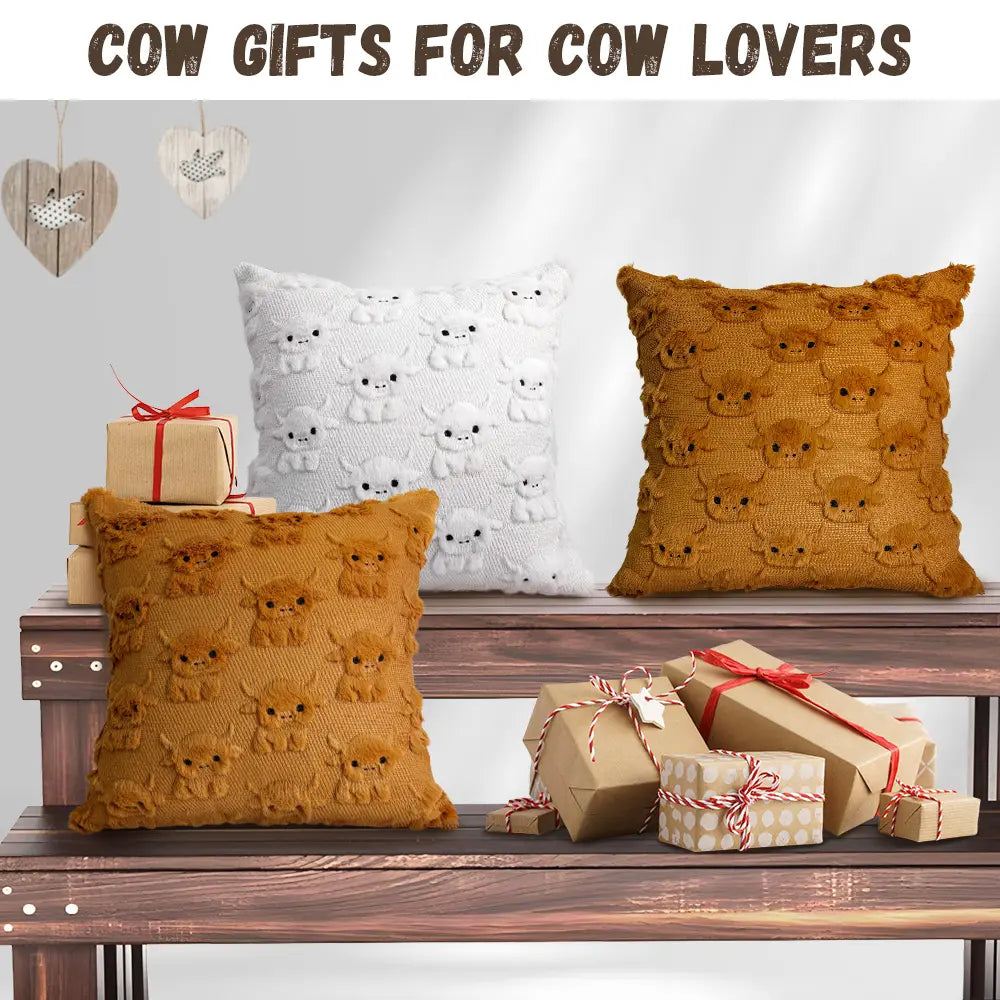 Highland Cow Pillow Covers 18X18 Cow Home Decor Farmhouse Pillow Covers Soft Plush Faux Fur Wool Pillowcases for Sofa Living Room, Gifts for Highland Cattle Lovers