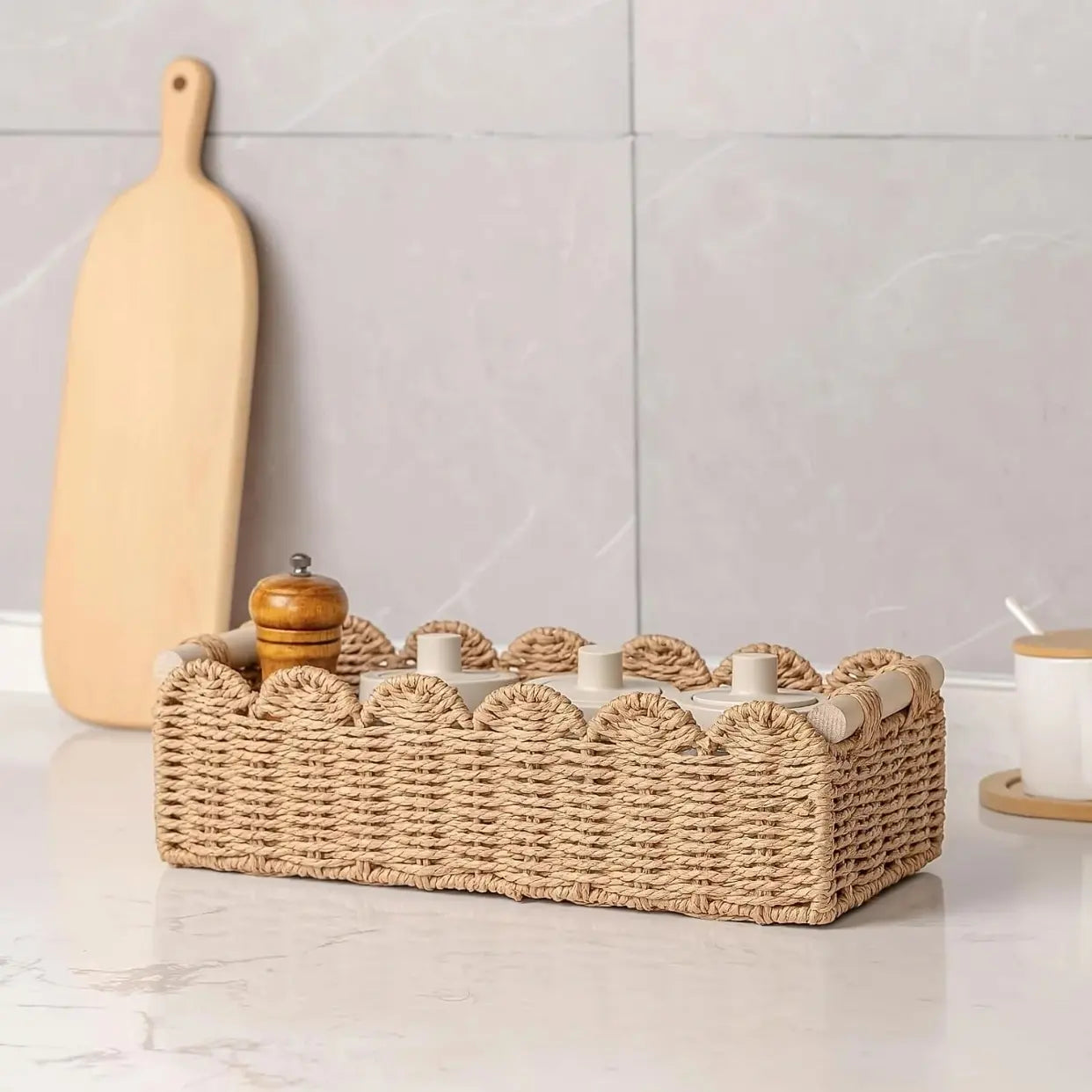 Handwoven Storage Basket with Fan Edge Design, Rattan Basket, Wicker Storage Basket, Natural Material for Toilet Tank Top Shelf, Bathroom Living Room Bedroom Decor Accessories, Handmade Rattan Baskets