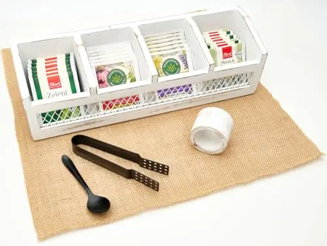 Kitchen Science Tea Bag Box | Natural Wood|Farmhouse Finish | 4 Compartments Storage |Counter Top |Accessories - Tea Bag Squeezer, Natural Jute Placemat, Tea Spoon, Wooden Napkin Ring