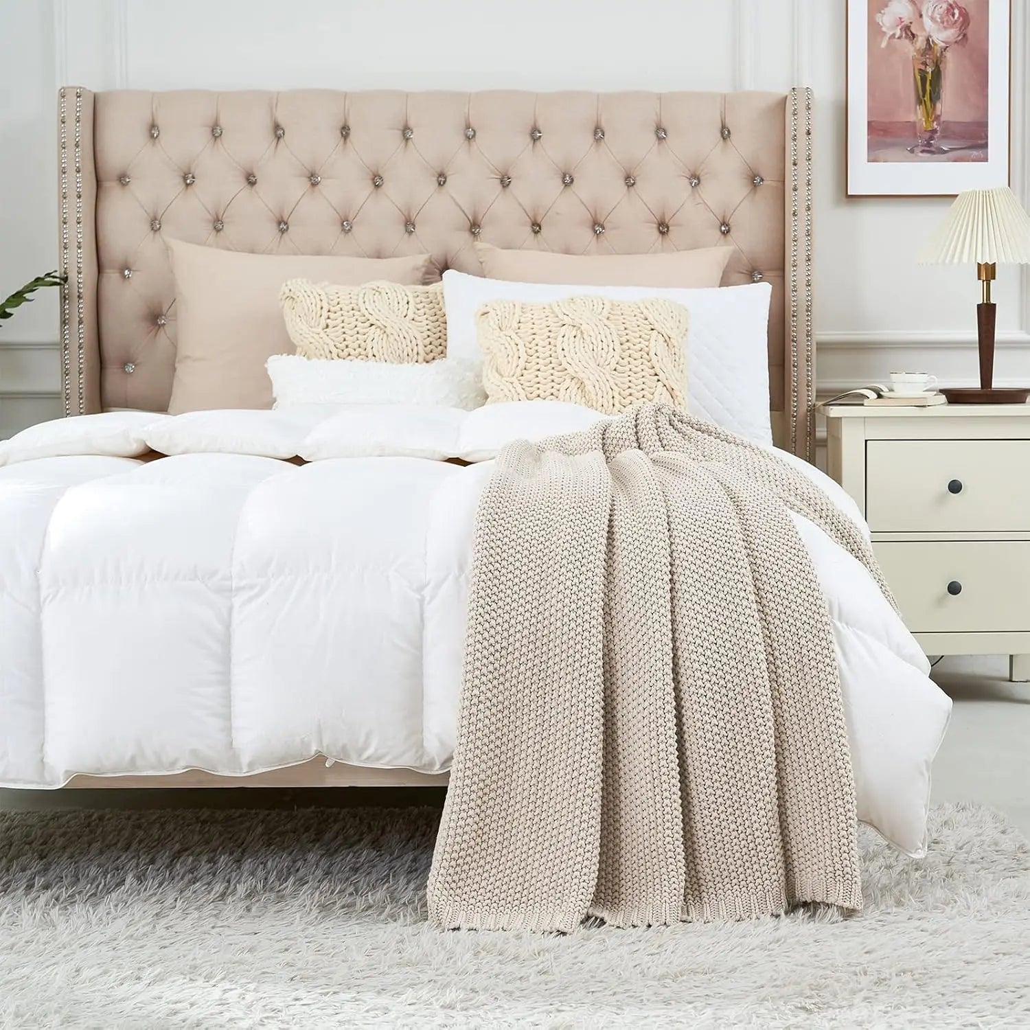 Chunky Knit Throw Blanket Lightweight Beige Cotton Blanket for Sofa Couch Bed , Rustic Shabby Chic Modern Farmhouse, 51 X 63 Give Bag