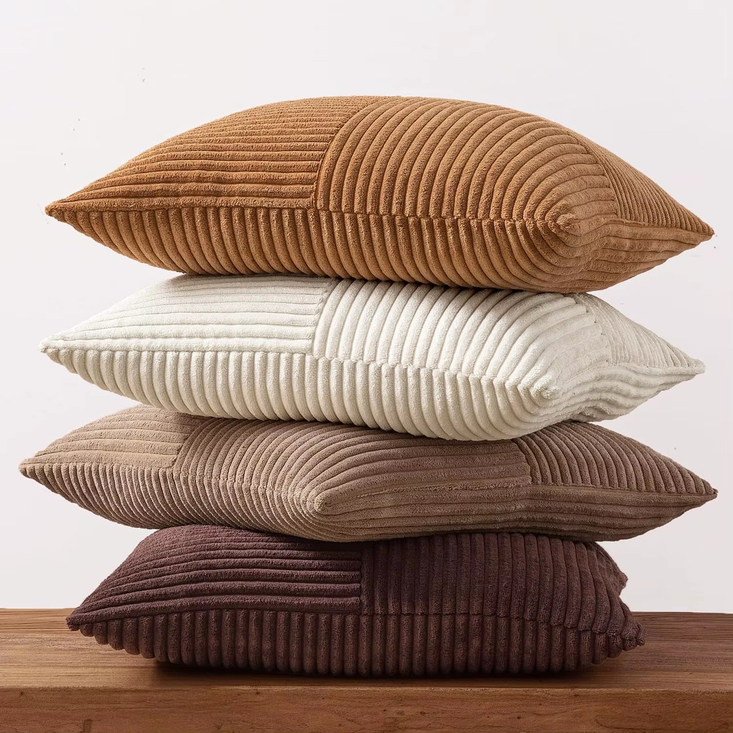 Brown Throw Pillow Covers 45X45Cm Boho Farmhouse Cushion Cases Neutral Gradient Corduroy Pillow Cases with Patchwork Home Decor