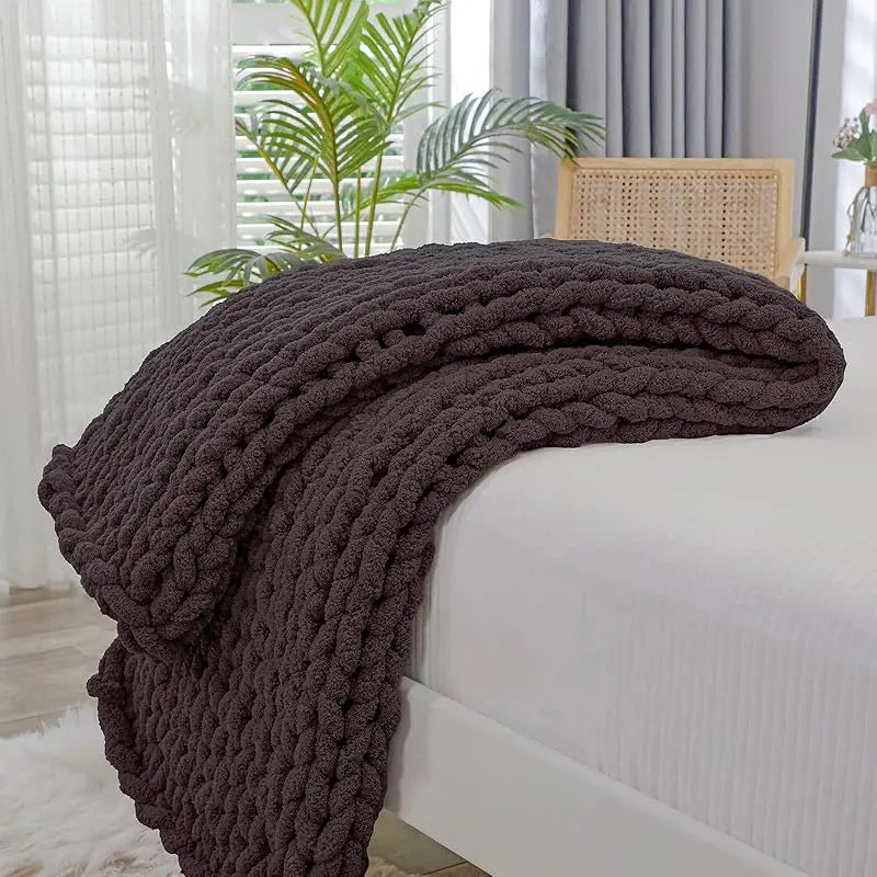 Chunky Knit Throw Blanket for Couch, 40X60 Inches, 100% Hand Knitted with Thick Jumbo Chenille Yarn, Cozy Soft Large Rope Knot Cable Crochet Blankets for Sofa Bed Living Room, Beige