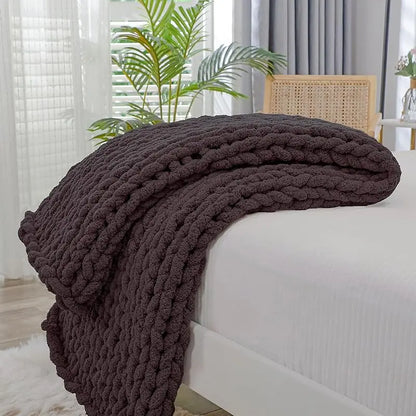 Chunky Knit Throw Blanket for Couch, 40X60 Inches, 100% Hand Knitted with Thick Jumbo Chenille Yarn, Cozy Soft Large Rope Knot Cable Crochet Blankets for Sofa Bed Living Room, Beige