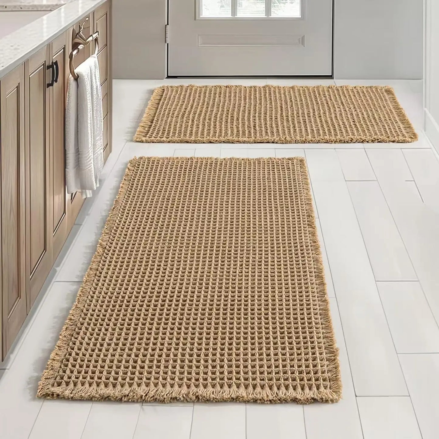 Grid Design Mat Set, 2 Counts/Set Non-Slip Rectangle Mat, Absorbent Rug for Home Hotel Bathroom Kitchen Decor, Bathroom Decorative Mat, Water Absorbent Rug