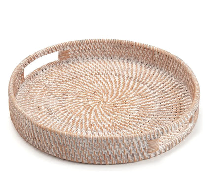 15-Inch Round Rattan Tray with Handles for Coffee Tables – Versatile Serving Tray for Drinks and Snacks with Classic Woven Design for Home Decor