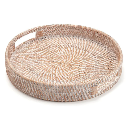 15-Inch Round Rattan Tray with Handles for Coffee Tables – Versatile Serving Tray for Drinks and Snacks with Classic Woven Design for Home Decor