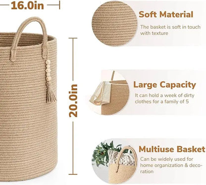 Goodpick Tall Wicker Laundry Basket with Handles, Boho Decorative Storage Basket for Living Room, Bedroom, Entryway, Bathroom, Large Woven Blanket Basket for Pillows, Towels, Shoes, Jute