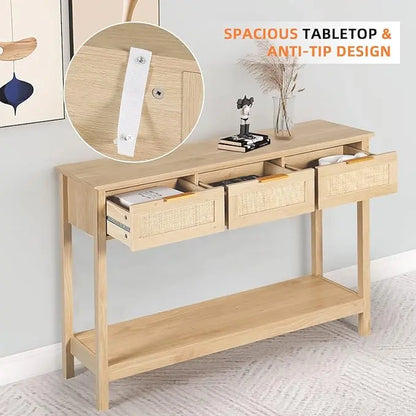 Rattan Console Table,Boho Entryway Table,Narrow Long Sofa Table,Hallway Foyer Table behind Couch Table with 3 Drawers, and Open Storage Shelf for Living Room and Corridor Furniture Home