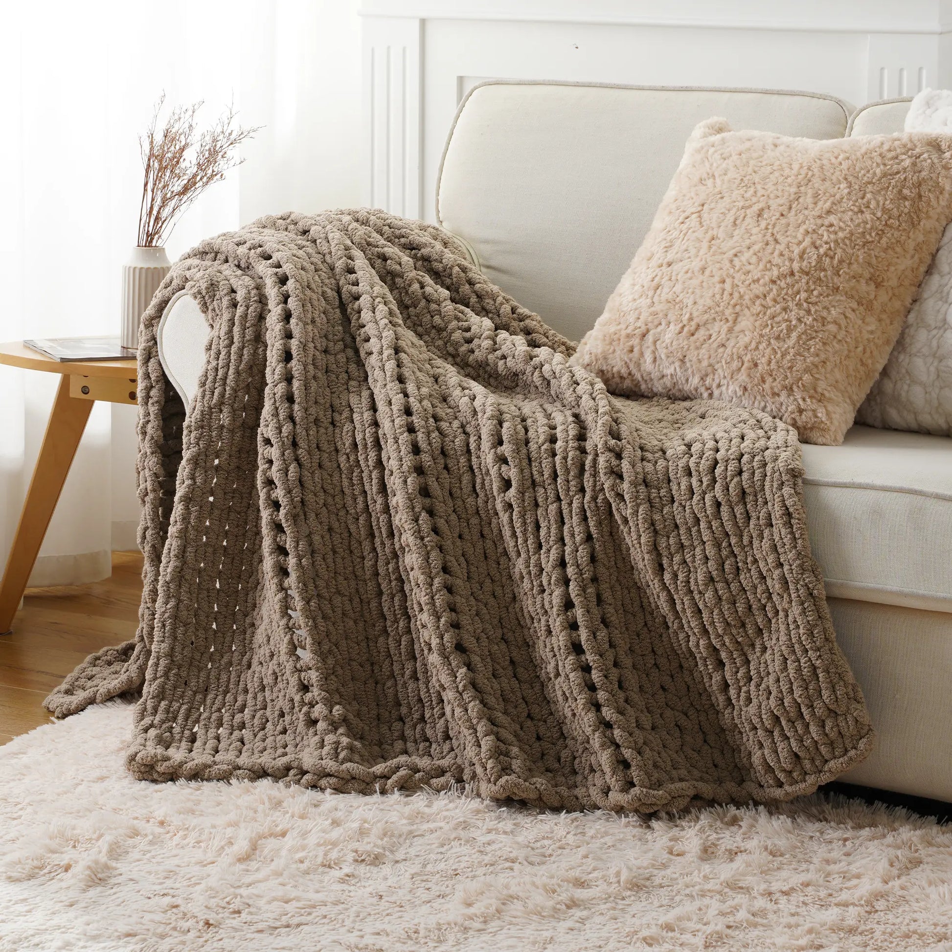 Battilo I Handmade Cable Knit Crochet Blanket, Spring Cozy Rope Knot Chunky Throw Blankets for Couch Home Decor,50"X60"