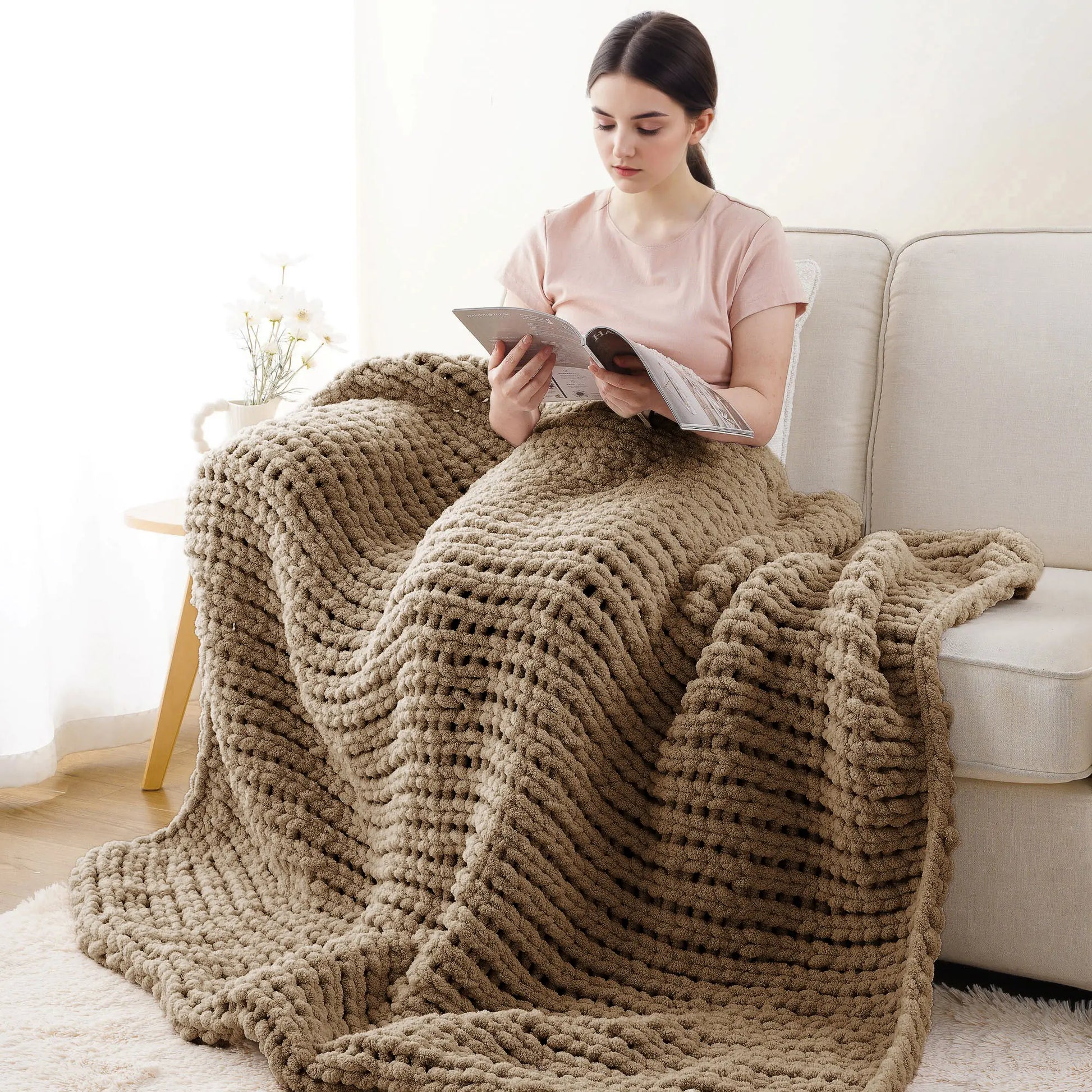 Battilo I Handmade Cable Knit Crochet Blanket, Spring Cozy Rope Knot Chunky Throw Blankets for Couch Home Decor,50"X60"