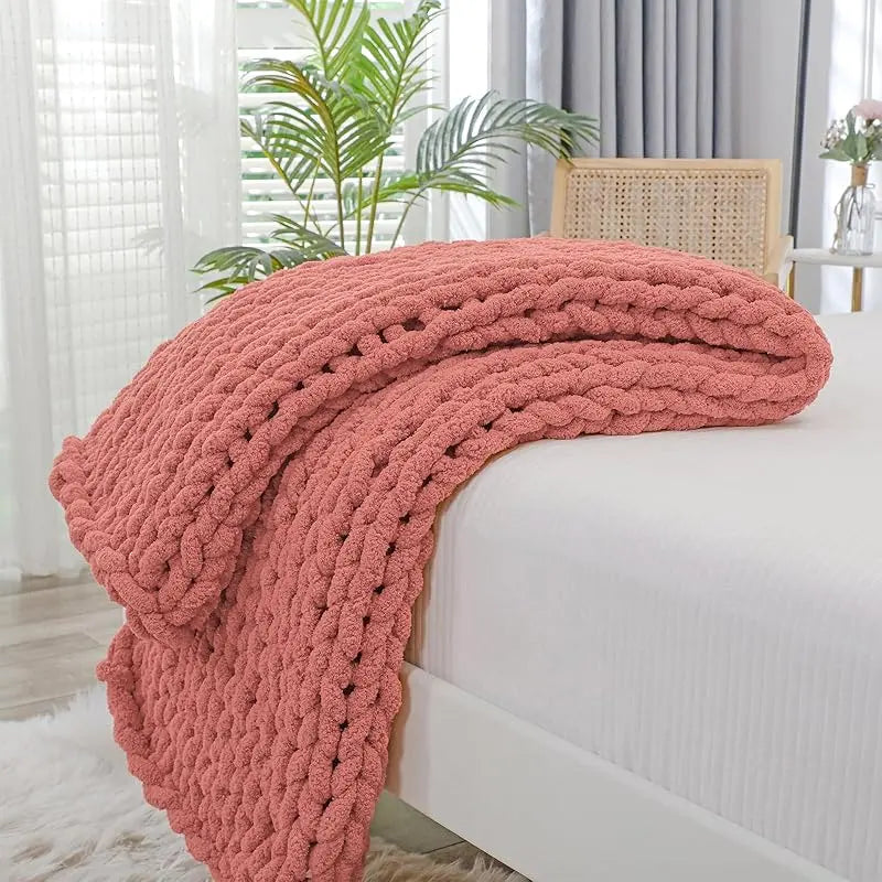 Chunky Knit Throw Blanket for Couch, 40X60 Inches, 100% Hand Knitted with Thick Jumbo Chenille Yarn, Cozy Soft Large Rope Knot Cable Crochet Blankets for Sofa Bed Living Room, Beige