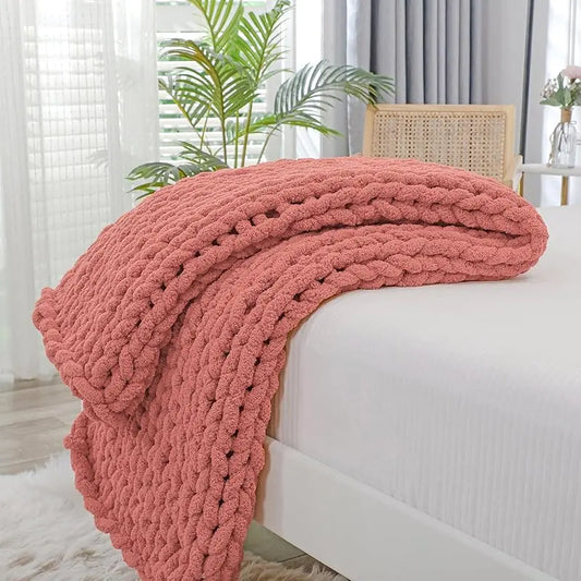 Chunky Knit Throw Blanket for Couch, 40X60 Inches, 100% Hand Knitted with Thick Jumbo Chenille Yarn, Cozy Soft Large Rope Knot Cable Crochet Blankets for Sofa Bed Living Room, Beige