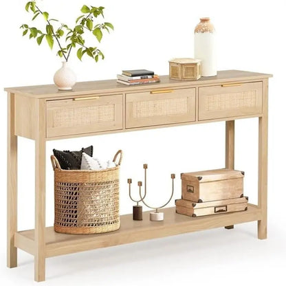 Rattan Console Table,Boho Entryway Table,Narrow Long Sofa Table,Hallway Foyer Table behind Couch Table with 3 Drawers, and Open Storage Shelf for Living Room and Corridor Furniture Home