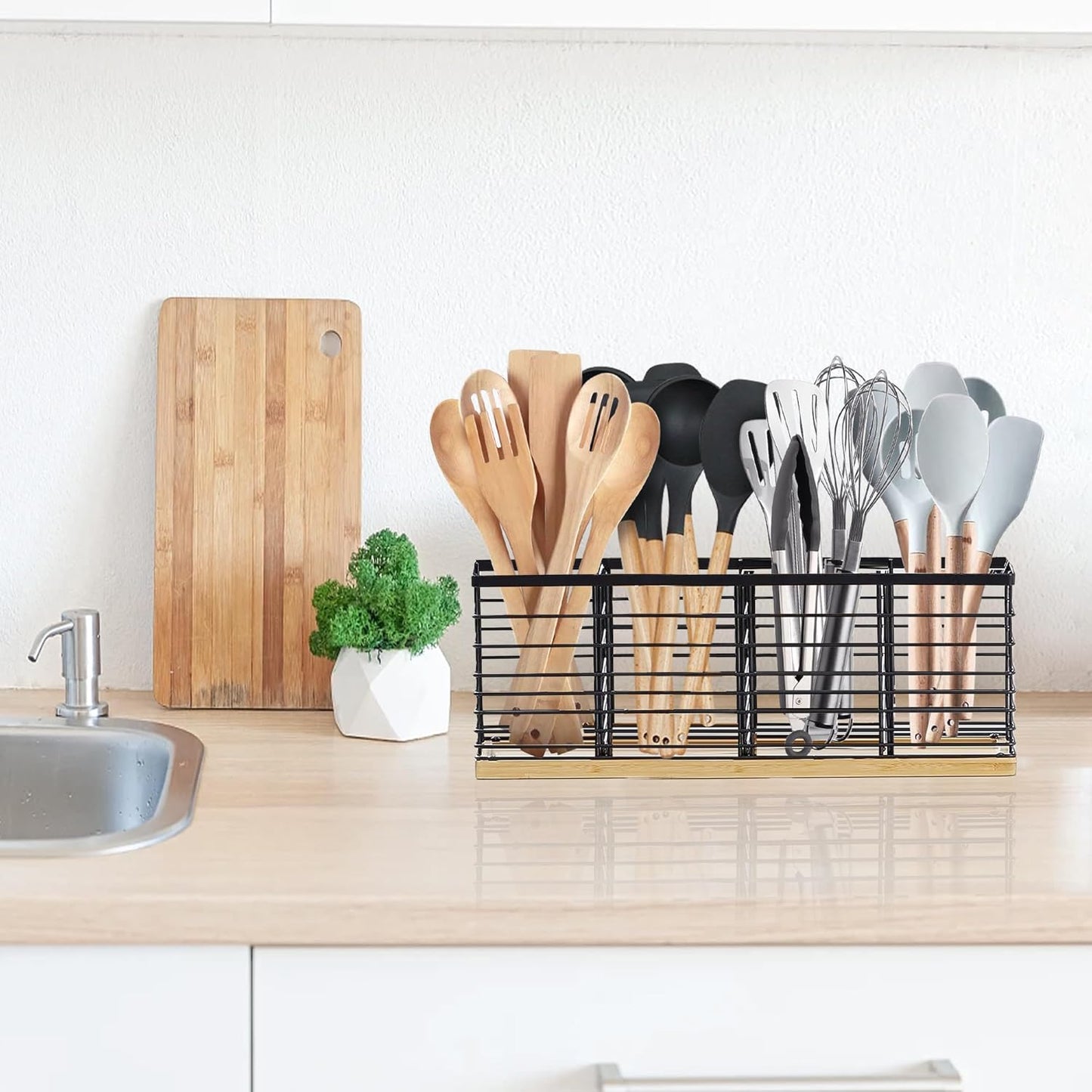 Extra Large Kitchen Utensil Holder with 4 Compartments， Matte Black Metal Holder with Wooden Base for Kitchen Countertop，Farmhouse Cooking Utensil Storage, Rustic Cooking Utensil