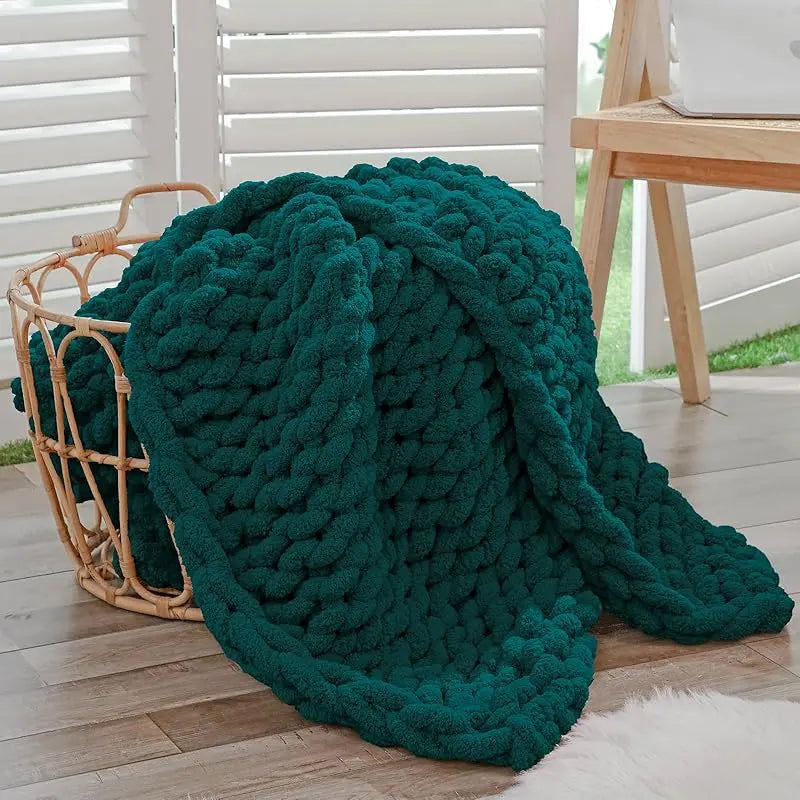 Chunky Knit Throw Blanket for Couch, 40X60 Inches, 100% Hand Knitted with Thick Jumbo Chenille Yarn, Cozy Soft Large Rope Knot Cable Crochet Blankets for Sofa Bed Living Room, Beige
