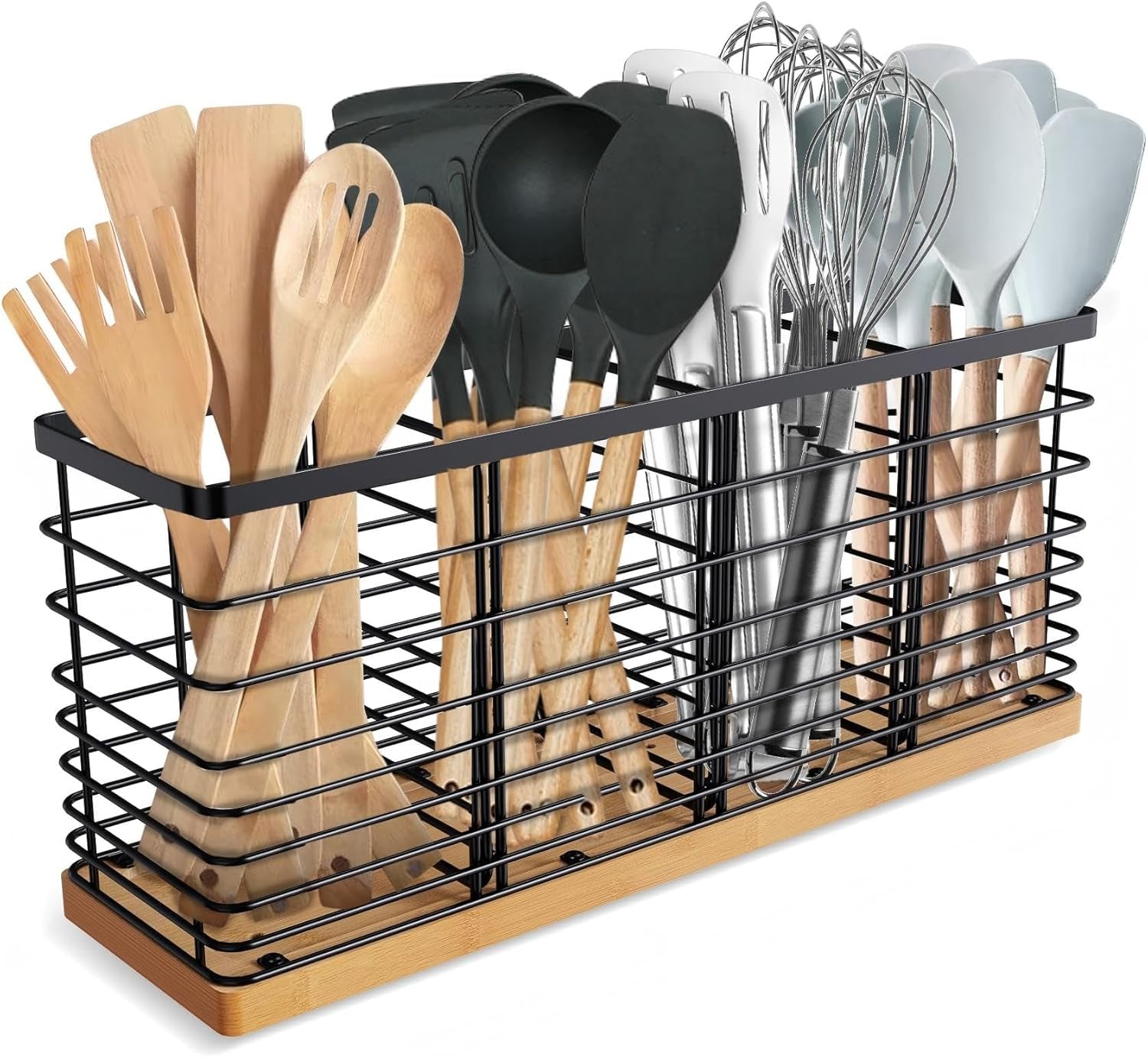Extra Large Kitchen Utensil Holder with 4 Compartments， Matte Black Metal Holder with Wooden Base for Kitchen Countertop，Farmhouse Cooking Utensil Storage, Rustic Cooking Utensil