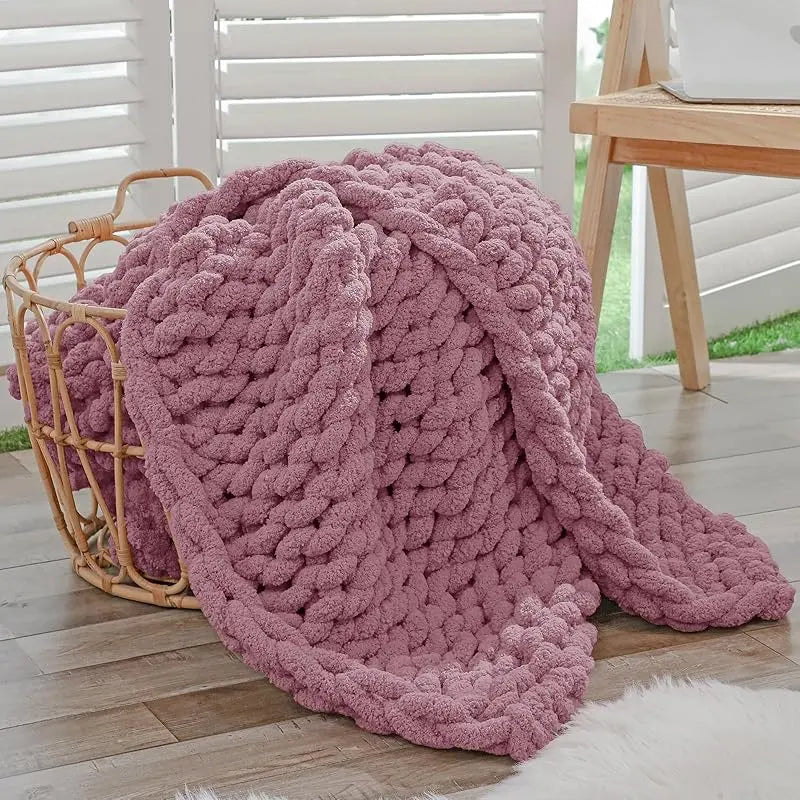 Chunky Knit Throw Blanket for Couch, 40X60 Inches, 100% Hand Knitted with Thick Jumbo Chenille Yarn, Cozy Soft Large Rope Knot Cable Crochet Blankets for Sofa Bed Living Room, Beige