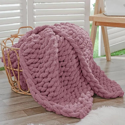 Chunky Knit Throw Blanket for Couch, 40X60 Inches, 100% Hand Knitted with Thick Jumbo Chenille Yarn, Cozy Soft Large Rope Knot Cable Crochet Blankets for Sofa Bed Living Room, Beige