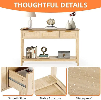 Rattan Console Table,Boho Entryway Table,Narrow Long Sofa Table,Hallway Foyer Table behind Couch Table with 3 Drawers, and Open Storage Shelf for Living Room and Corridor Furniture Home
