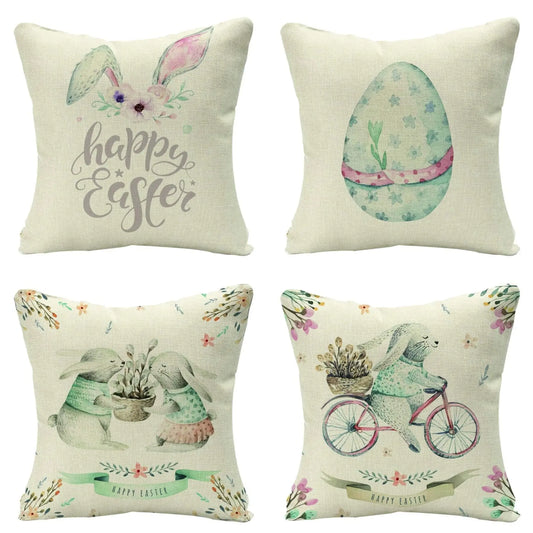Easter Rabbits Pillow Covers 18"X 18" Linen Couch Bunny Eggs Pillow Covers Throw Pillow Case Set of 4 Breathable Washable Decoration Colorful Decors