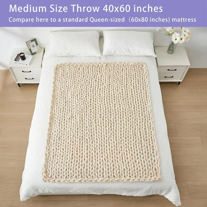 Chunky Knit Throw Blanket for Couch, 40X60 Inches, 100% Hand Knitted with Thick Jumbo Chenille Yarn, Cozy Soft Large Rope Knot Cable Crochet Blankets for Sofa Bed Living Room, Beige