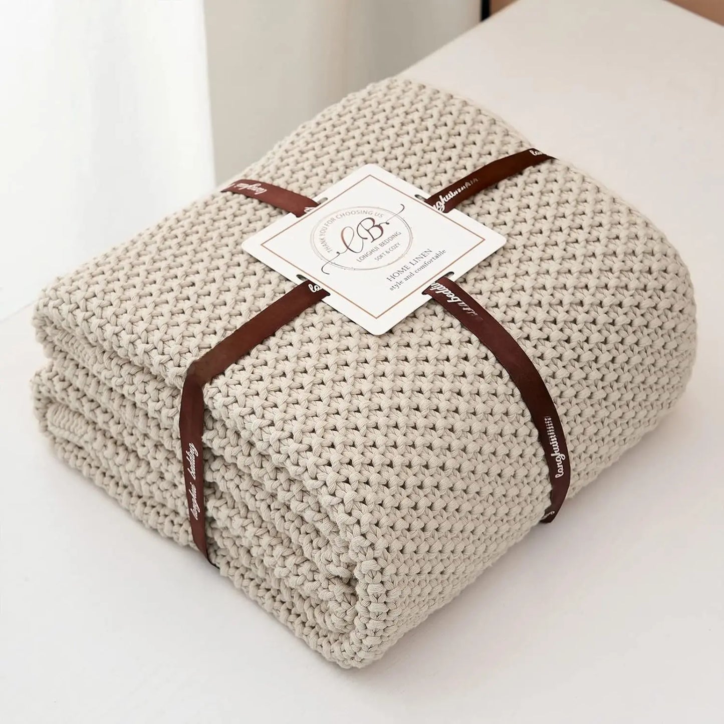 Chunky Knit Throw Blanket Lightweight Beige Cotton Blanket for Sofa Couch Bed , Rustic Shabby Chic Modern Farmhouse, 51 X 63 Give Bag