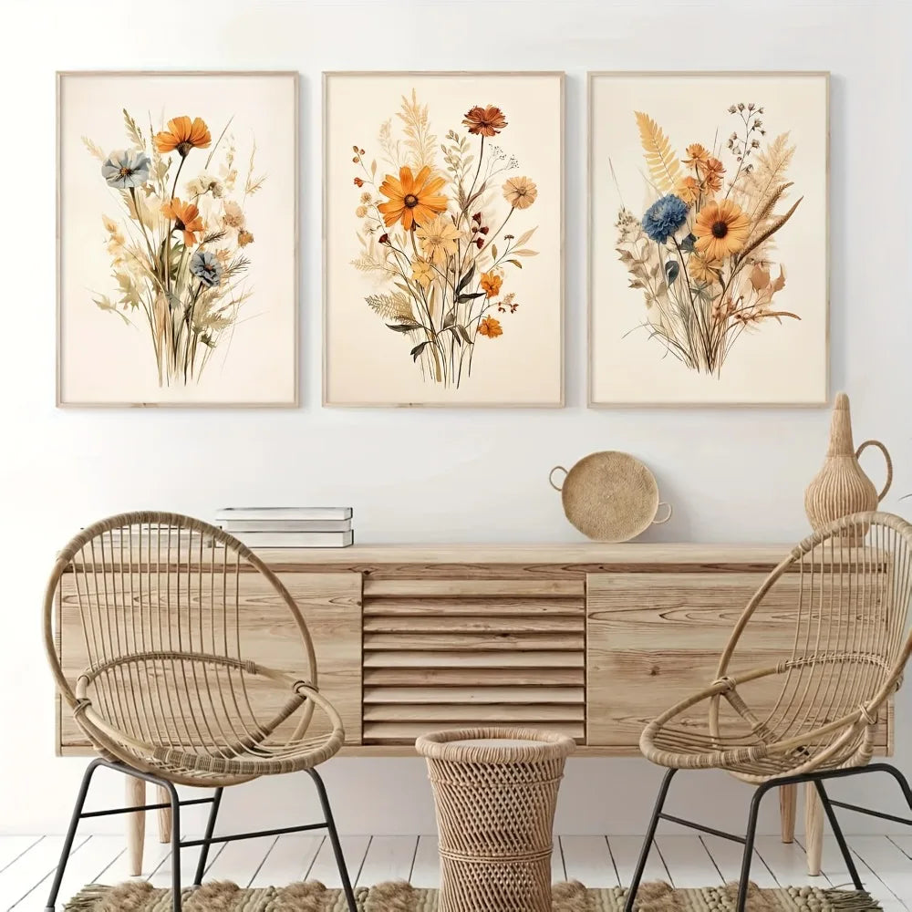 3Pcs Frameless Retro Plant Wall Art,Floral Posters,Modern Farmhouse Decor,Soft Aesthetic Plant Paintings for Bedroom Decoration