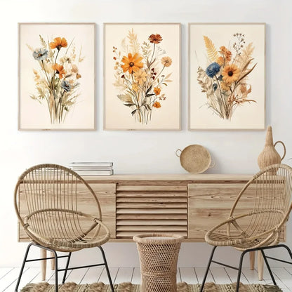 3Pcs Frameless Retro Plant Wall Art,Floral Posters,Modern Farmhouse Decor,Soft Aesthetic Plant Paintings for Bedroom Decoration