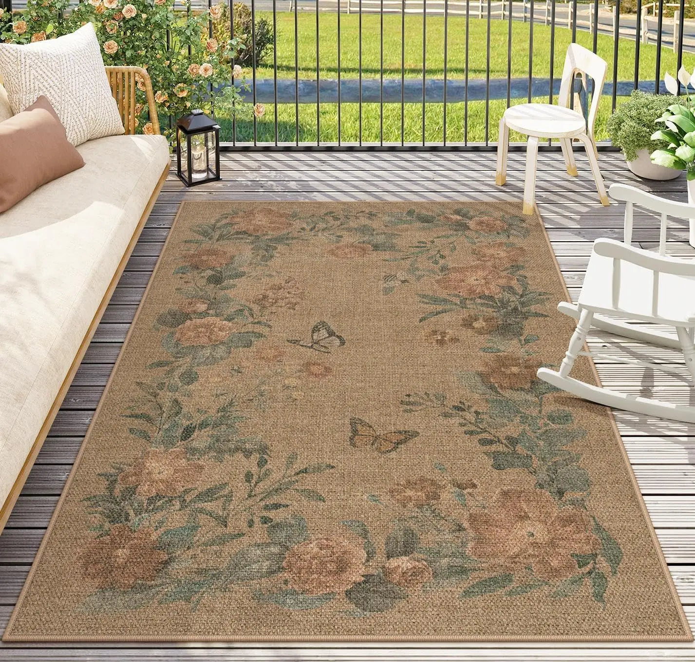 Lahome Floral Easy Jute Indoor Outdoor Rug, Neutral Dining Room Classroom Rug Washable Area Rug for Living Room, Farmhouse Outdoor Patio Rug Non Slip Floor Carpet for Bedroom Office
