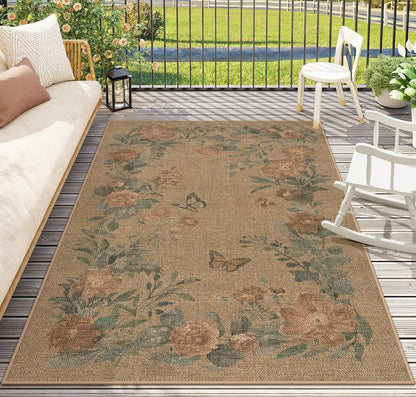 Lahome Floral Easy Jute Indoor Outdoor Rug, Neutral Dining Room Classroom Rug Washable Area Rug for Living Room, Farmhouse Outdoor Patio Rug Non Slip Floor Carpet for Bedroom Office