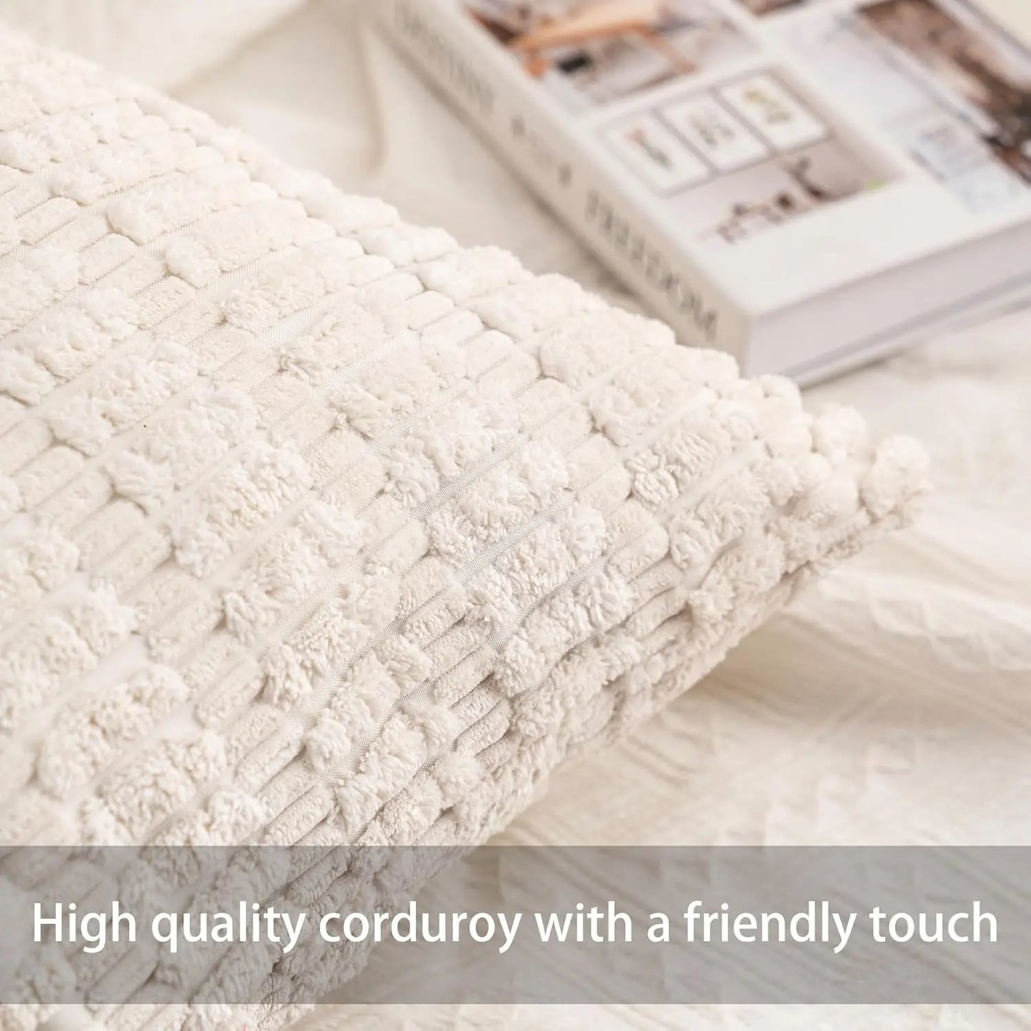 Pack of 2 Corduroy Decorative Throw Pillow Covers 18X18 Inchsoft Boho Striped Pillow Covers Modern Farmhouse Home Decor for Sofa Living Room Couch Bed（Cream White） Aegero