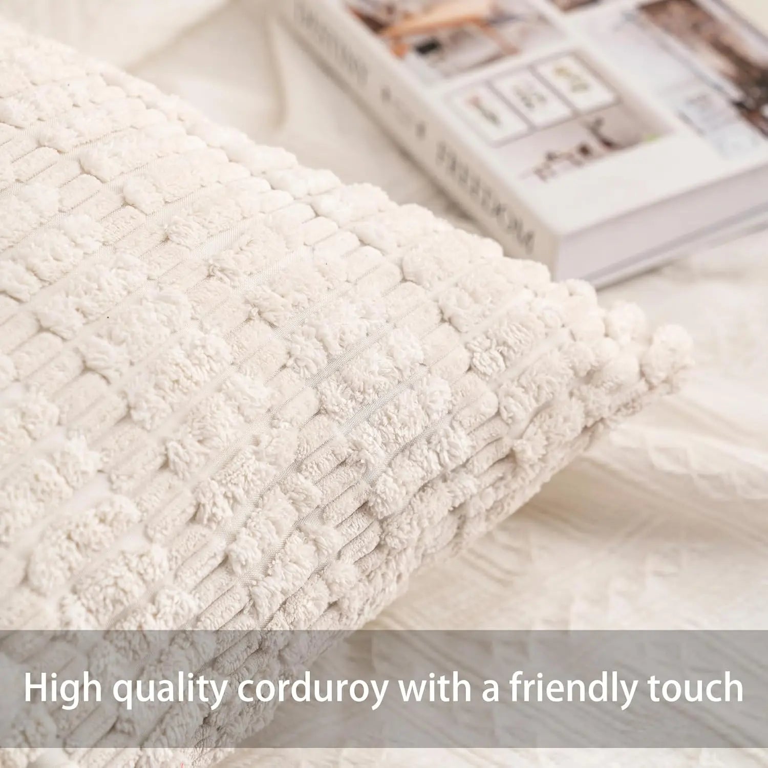 Pack of 2 Corduroy Decorative Throw Pillow Covers 18X18 Inchsoft Boho Striped Pillow Covers Modern Farmhouse Home Decor for Sofa Living Room Couch Bed（Cream White） Aegero