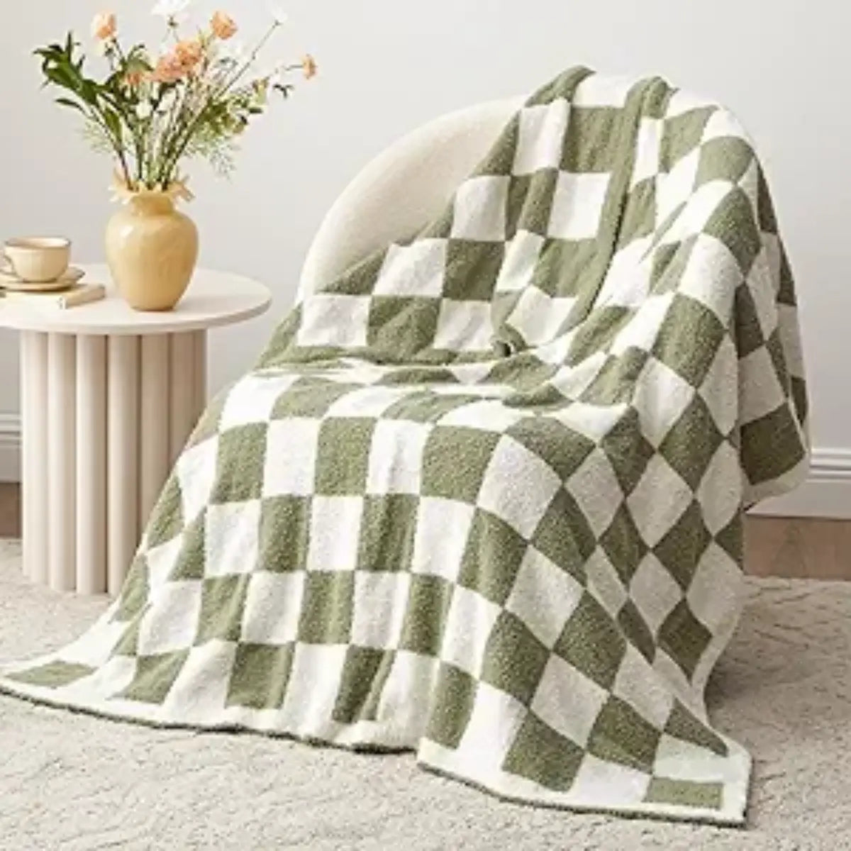 Home Checkered Knitted Throw Blanket - Cozy Fluffy Plaid Blanket for Couch, Bed, and Sofa - Warm Soft Sage Green Design, 50" x 60" for All Seasons