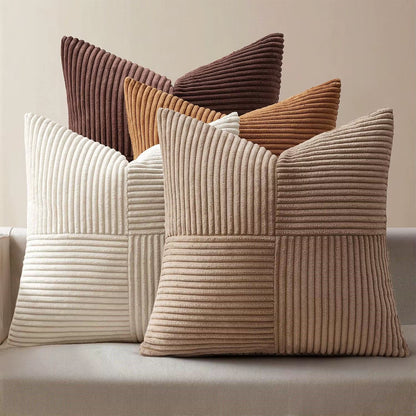Brown Throw Pillow Covers 45X45Cm Boho Farmhouse Cushion Cases Neutral Gradient Corduroy Pillow Cases with Patchwork Home Decor