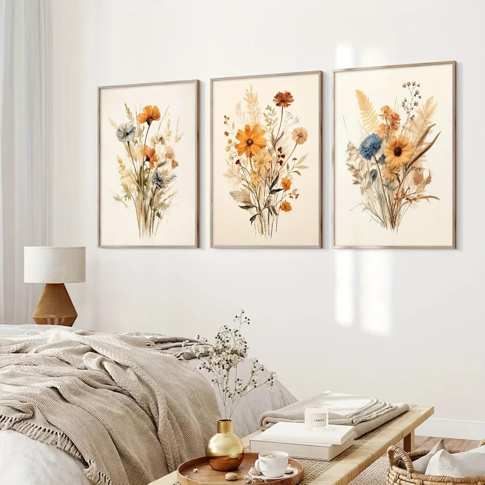 3Pcs Frameless Retro Plant Wall Art,Floral Posters,Modern Farmhouse Decor,Soft Aesthetic Plant Paintings for Bedroom Decoration