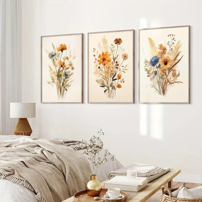 3Pcs Frameless Retro Plant Wall Art,Floral Posters,Modern Farmhouse Decor,Soft Aesthetic Plant Paintings for Bedroom Decoration