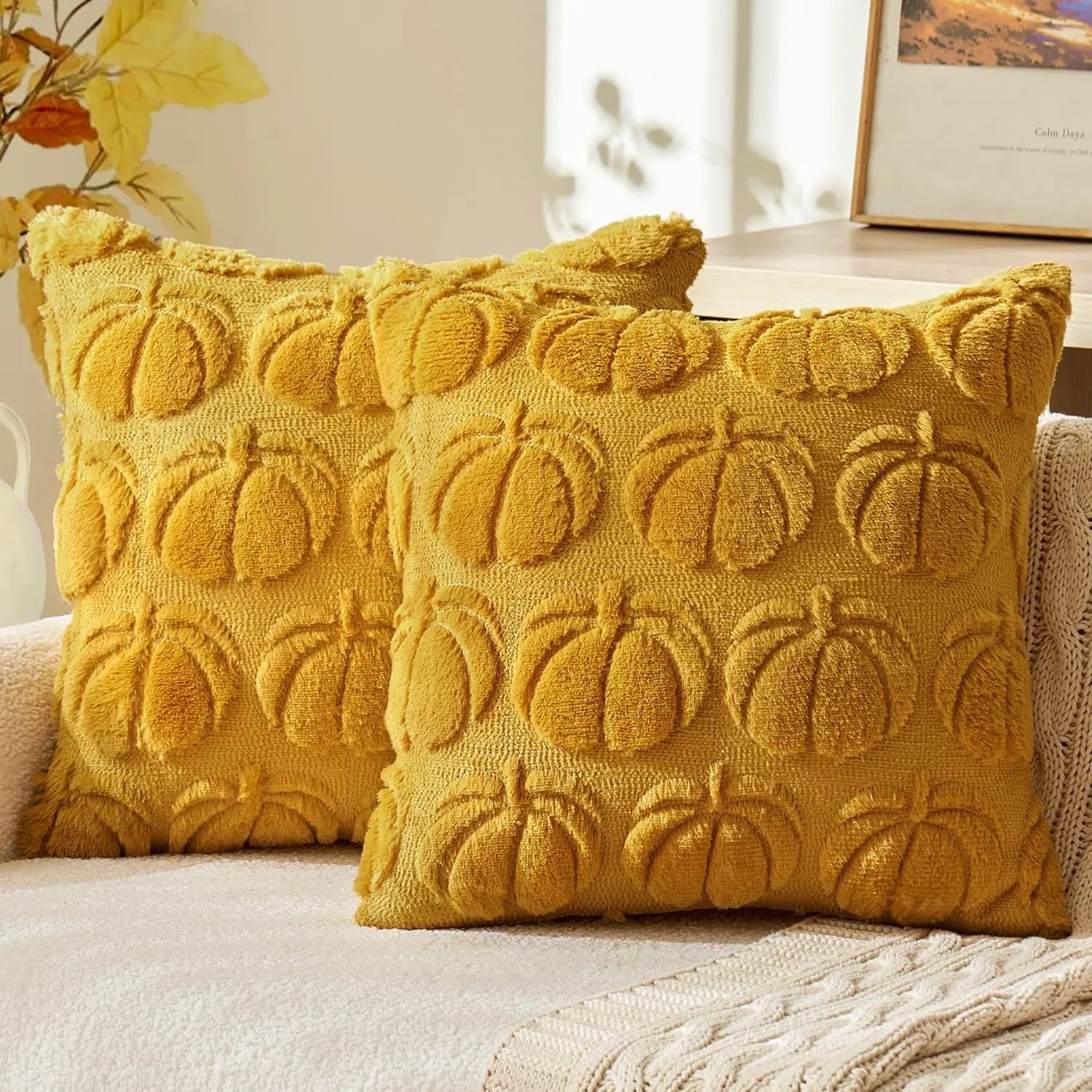 Set of 2 Fall Throw Pillow Covers 18X18 Pumpkin Design – Cozy Autumn Decor for Sofa, Couch & Porch