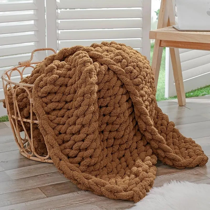 Chunky Knit Throw Blanket for Couch, 40X60 Inches, 100% Hand Knitted with Thick Jumbo Chenille Yarn, Cozy Soft Large Rope Knot Cable Crochet Blankets for Sofa Bed Living Room, Beige