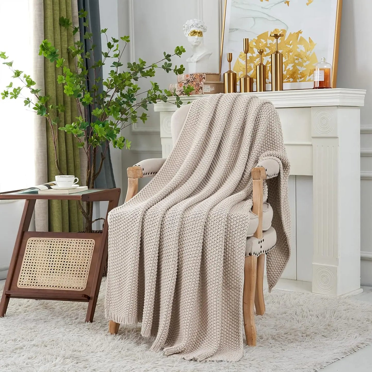 Chunky Knit Throw Blanket Lightweight Beige Cotton Blanket for Sofa Couch Bed , Rustic Shabby Chic Modern Farmhouse, 51 X 63 Give Bag