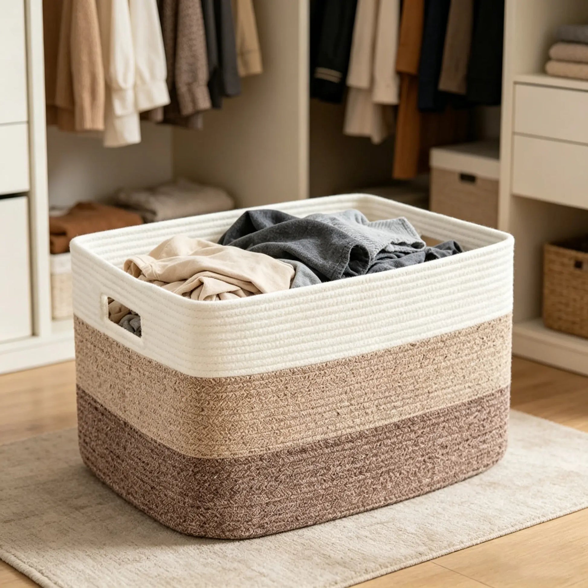 Rectangular Woven Laundry Basket – Cotton Rope Storage Solution for Living Room, Clothes Organization with Handles, Ideal Mother's Day Gift – Gradient Brown
