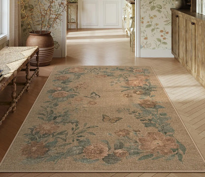 Lahome Floral Easy Jute Indoor Outdoor Rug, Neutral Dining Room Classroom Rug Washable Area Rug for Living Room, Farmhouse Outdoor Patio Rug Non Slip Floor Carpet for Bedroom Office
