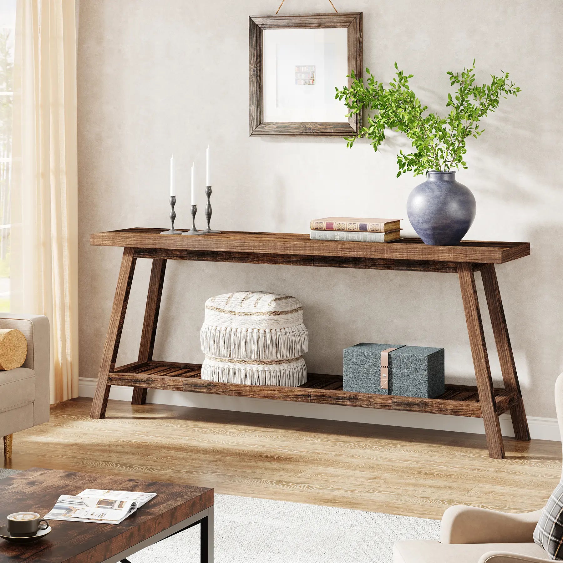 Tribesigns Farmhouse Console Table, 70.9" Entryway Table 2-Tier Sofa Table - Rustic Farmhouse Style